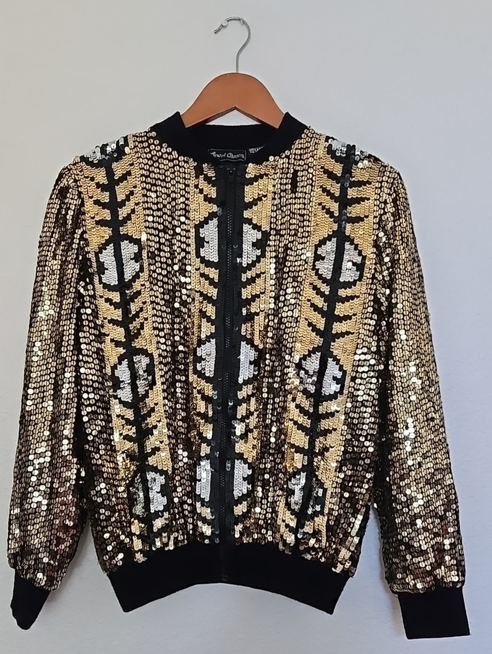 Jewel Queen 100% Silk Sequin Zip-Front Bomber Jacket Concert Night Party Date
